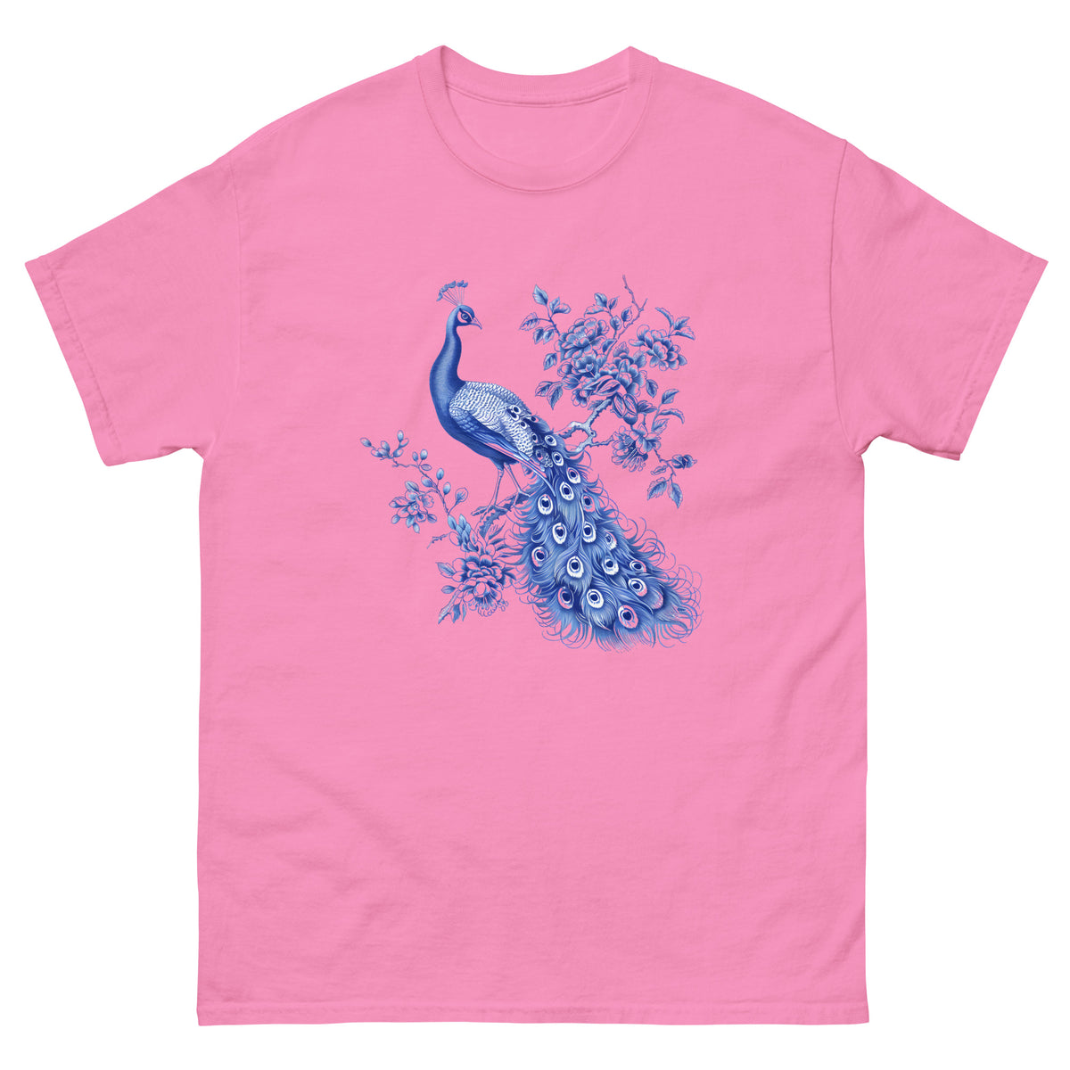Pink T-shirt with blue peacock graphic on the front