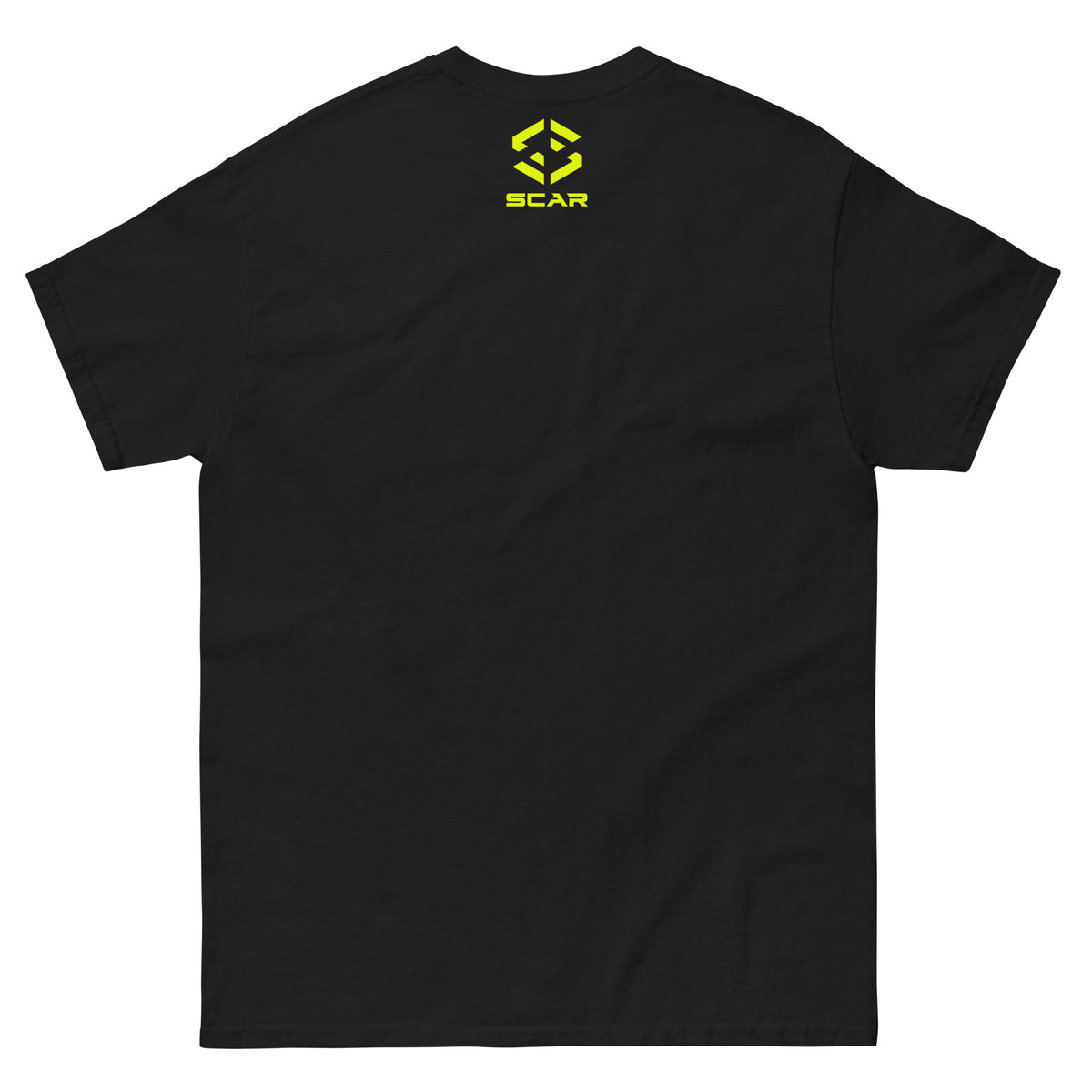 Black T-shirt with small yellow emblem logo on the chest