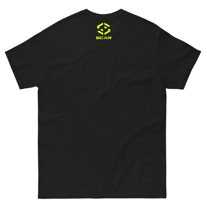 Black T-shirt with small yellow emblem logo on the chest