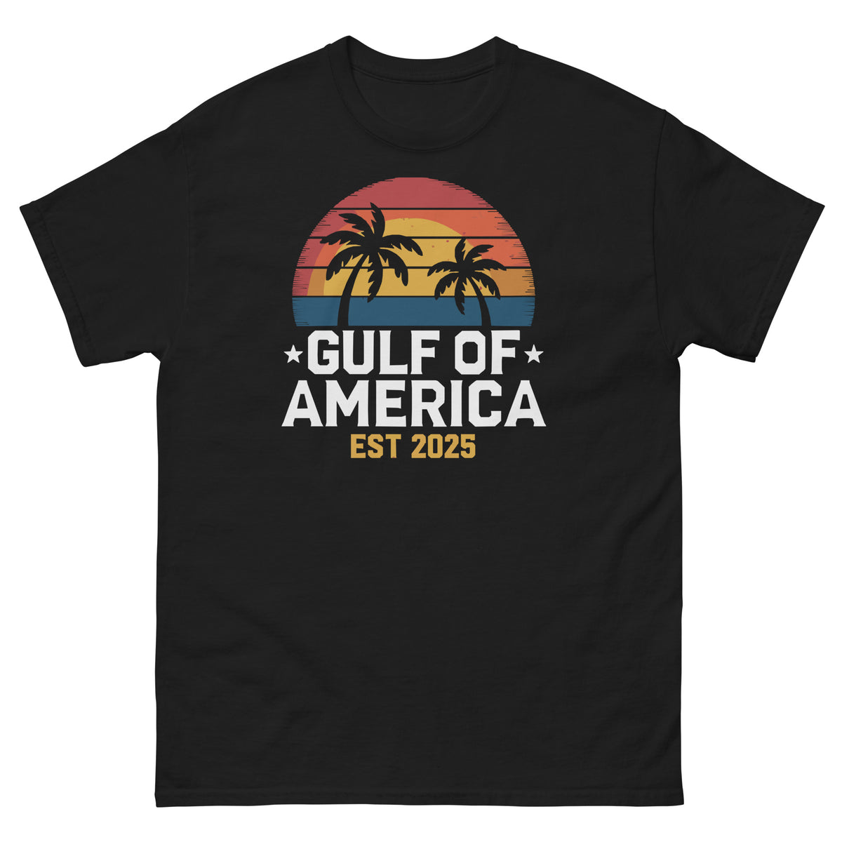 Black crew-neck T-shirt with sunset palm tree graphic and “GULF OF AMERICA EST 2025” print