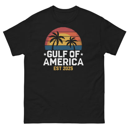Black crew-neck T-shirt with sunset palm tree graphic and “GULF OF AMERICA EST 2025” print