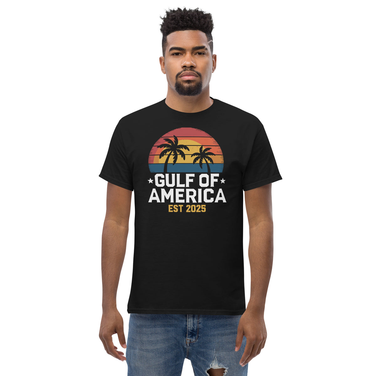 Black crew-neck T-shirt, front view, with sunset palm tree graphic and “GULF OF AMERICA EST 2025”