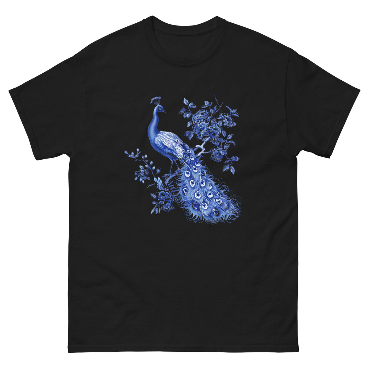 Black t-shirt with blue peacock and floral artwork centered on the chest
