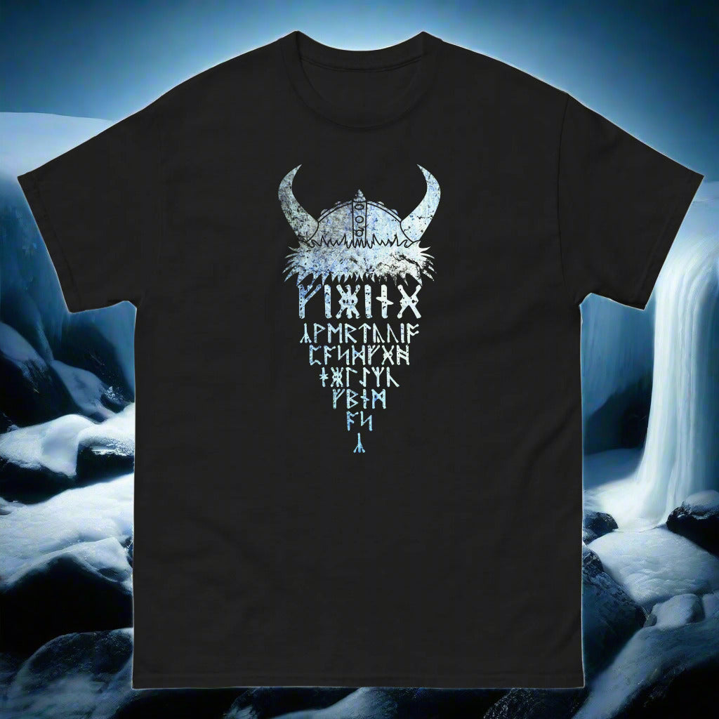 Black T-shirt with horned Viking rune graphic print at center chest
