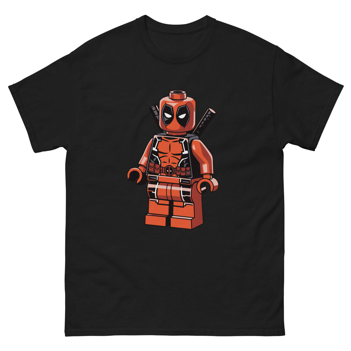 Black graphic T-shirt with orange-red superhero block character print on front