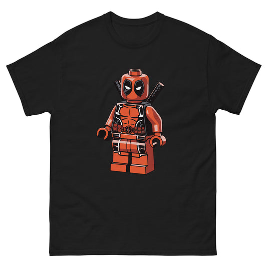 Black graphic T-shirt with orange-red superhero block character print on front