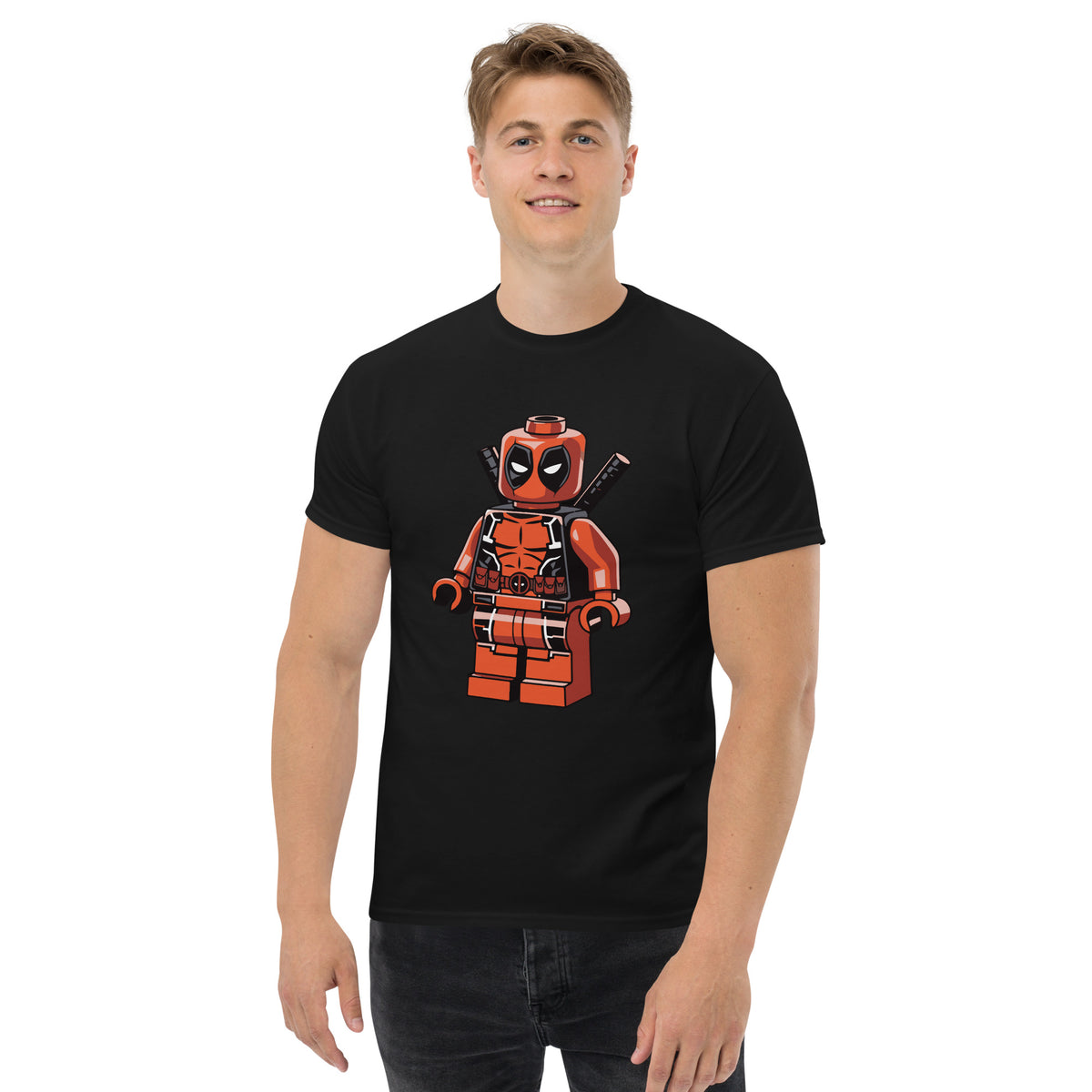 Black T-shirt with orange-red block superhero character graphic on front