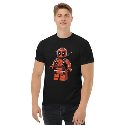 Black T-shirt with orange-red block superhero character graphic on front