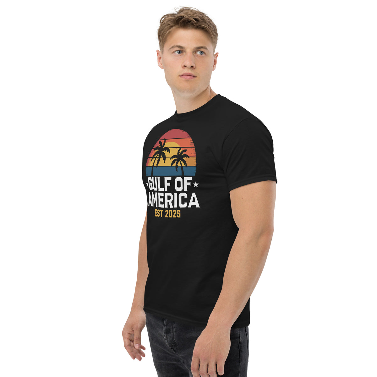 Black crew-neck T-shirt, side view, with sunset palm tree graphic and “GULF OF AMERICA EST 2025”