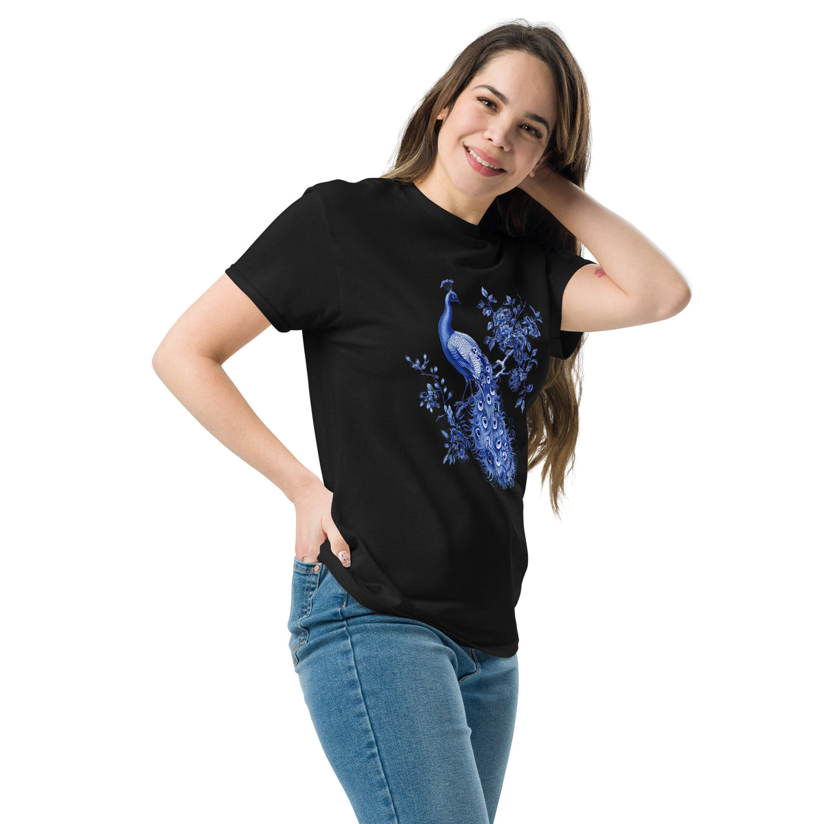 Black t-shirt with blue peacock and floral artwork on the chest