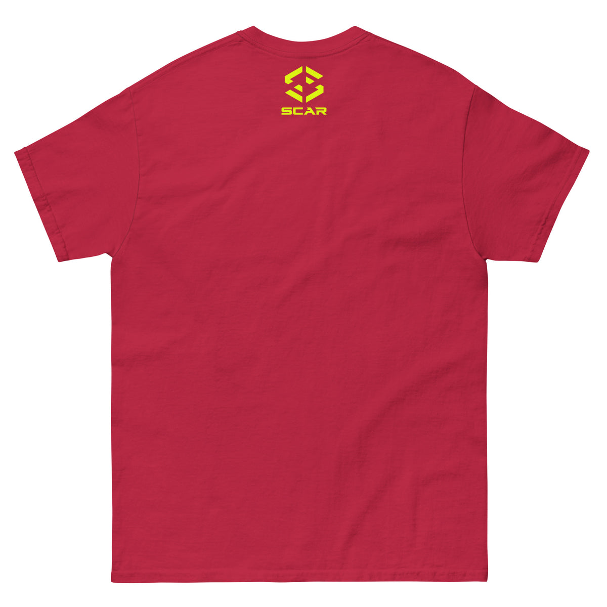 Red T-shirt with small SCAR logo on chest