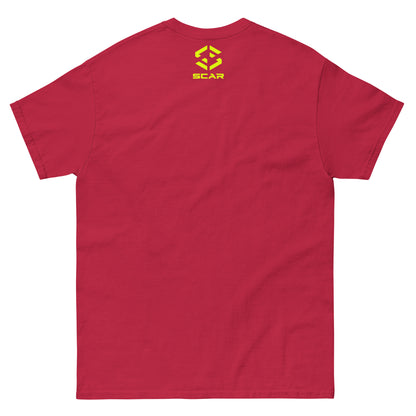 Red T-shirt with small SCAR logo on chest