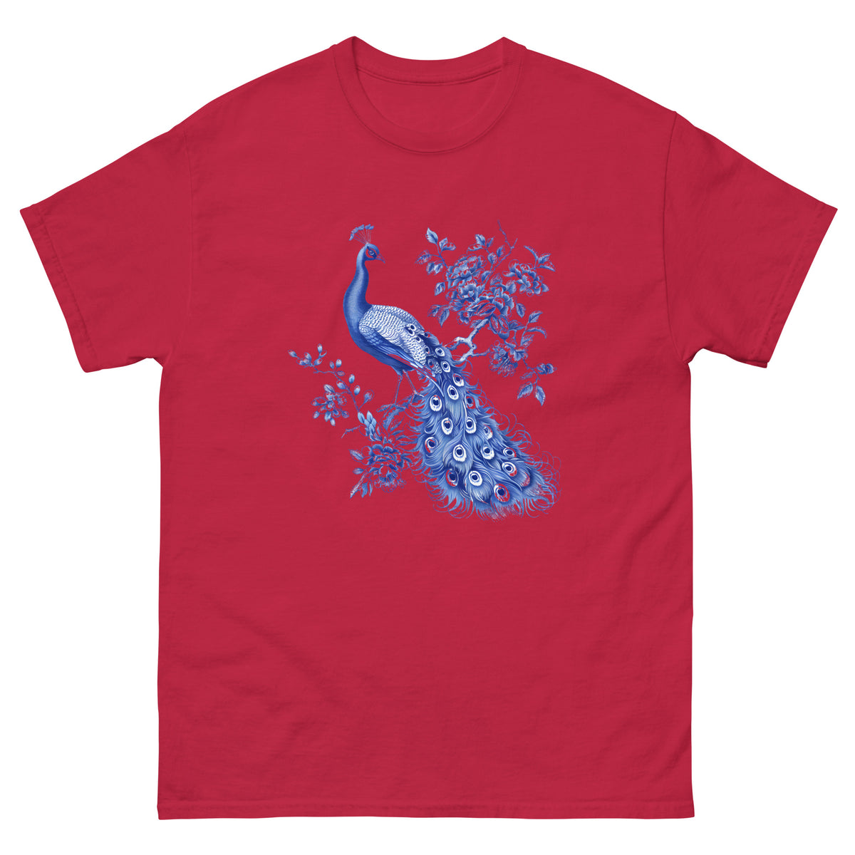 Red T-shirt with blue peacock and floral graphic on chest