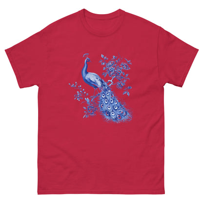 Red T-shirt with blue peacock and floral graphic on chest