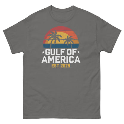 Gray T-shirt with Gulf of America palm sunset graphic and EST 2025.