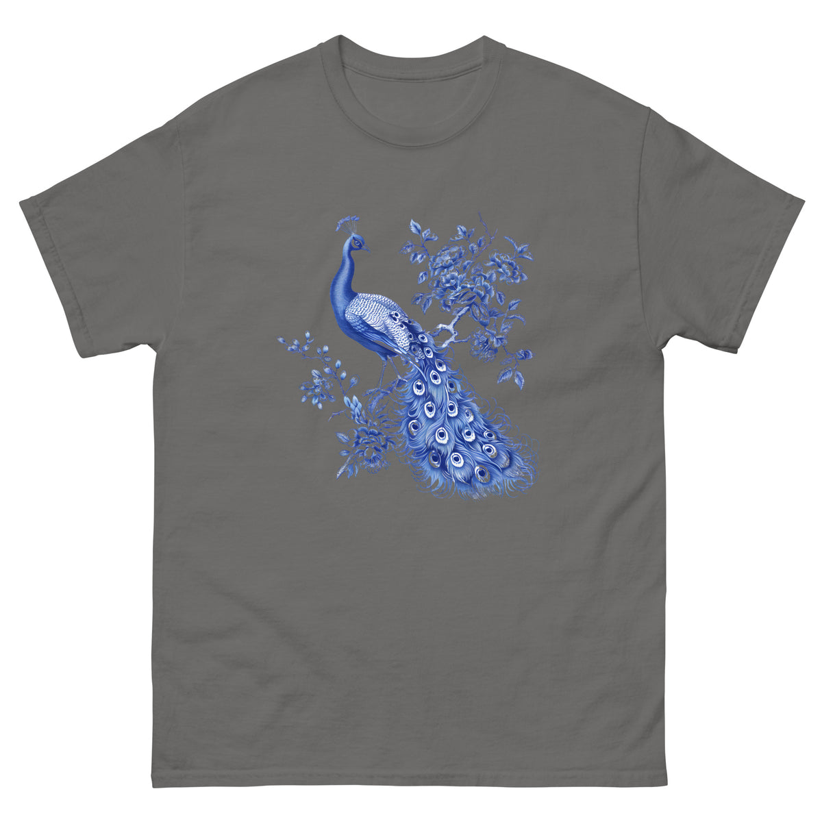 Gray T-shirt with blue peacock graphic on the front