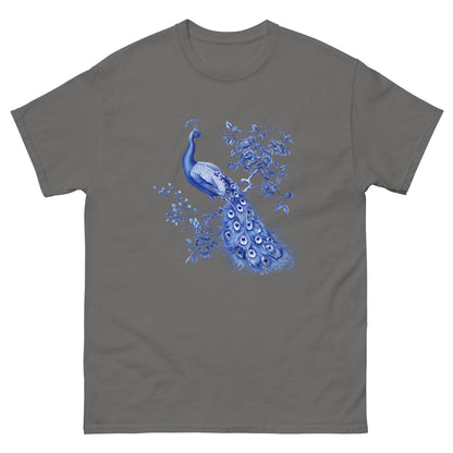 Gray T-shirt with blue peacock graphic on the front