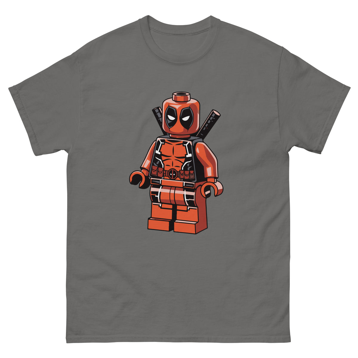 Dark gray T-shirt with LEGO-style Deadpool minifigure graphic on front.