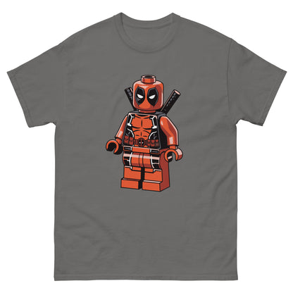 Dark gray T-shirt with LEGO-style Deadpool minifigure graphic on front.