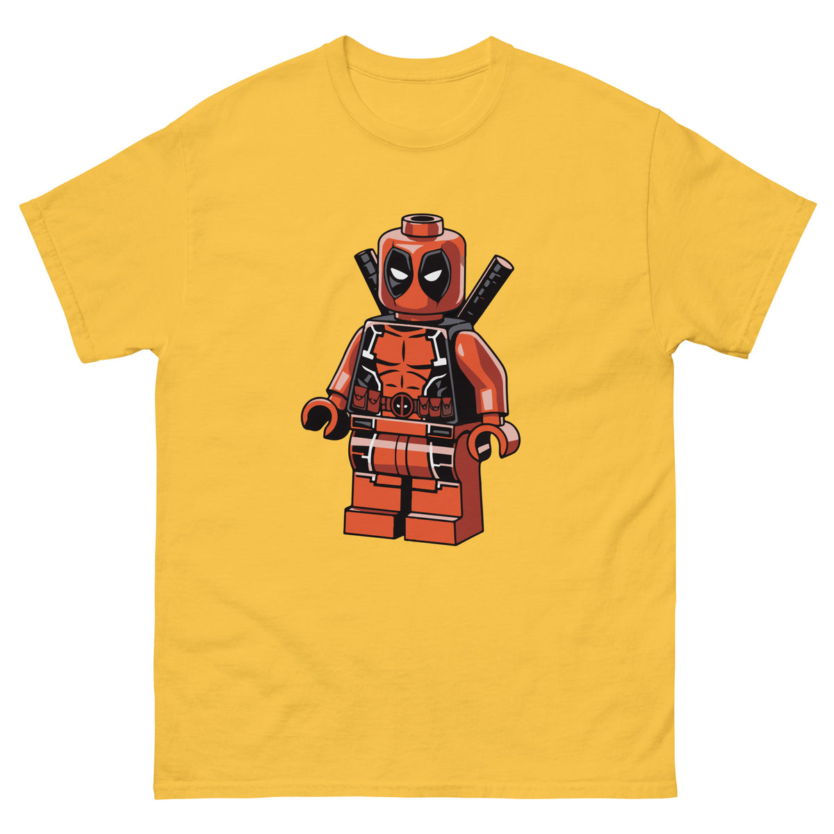 Mustard yellow T-shirt with centered LEGO-style Deadpool character graphic