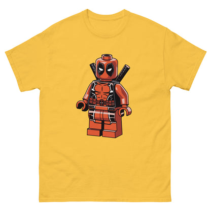 Mustard yellow T-shirt with centered LEGO-style Deadpool character graphic