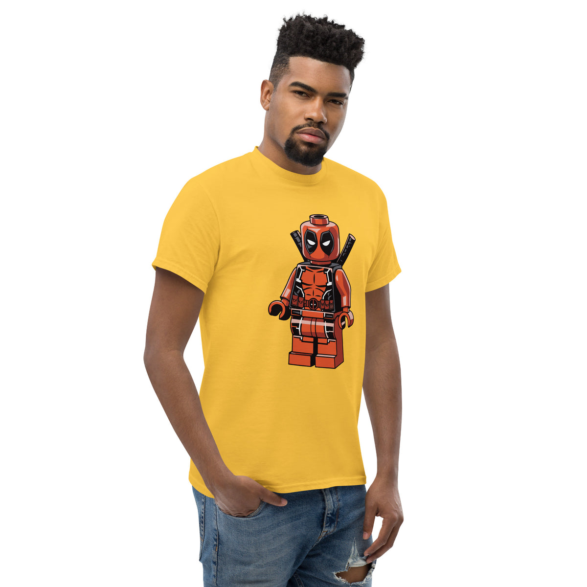 Yellow T-shirt with orange-red block superhero character graphic on front