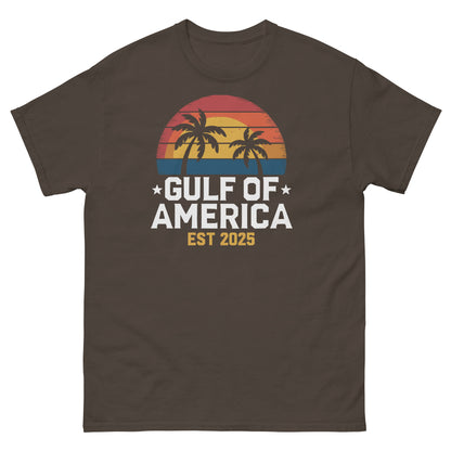 Dark brown T-shirt with Gulf of America palm sunset graphic and EST 2025.