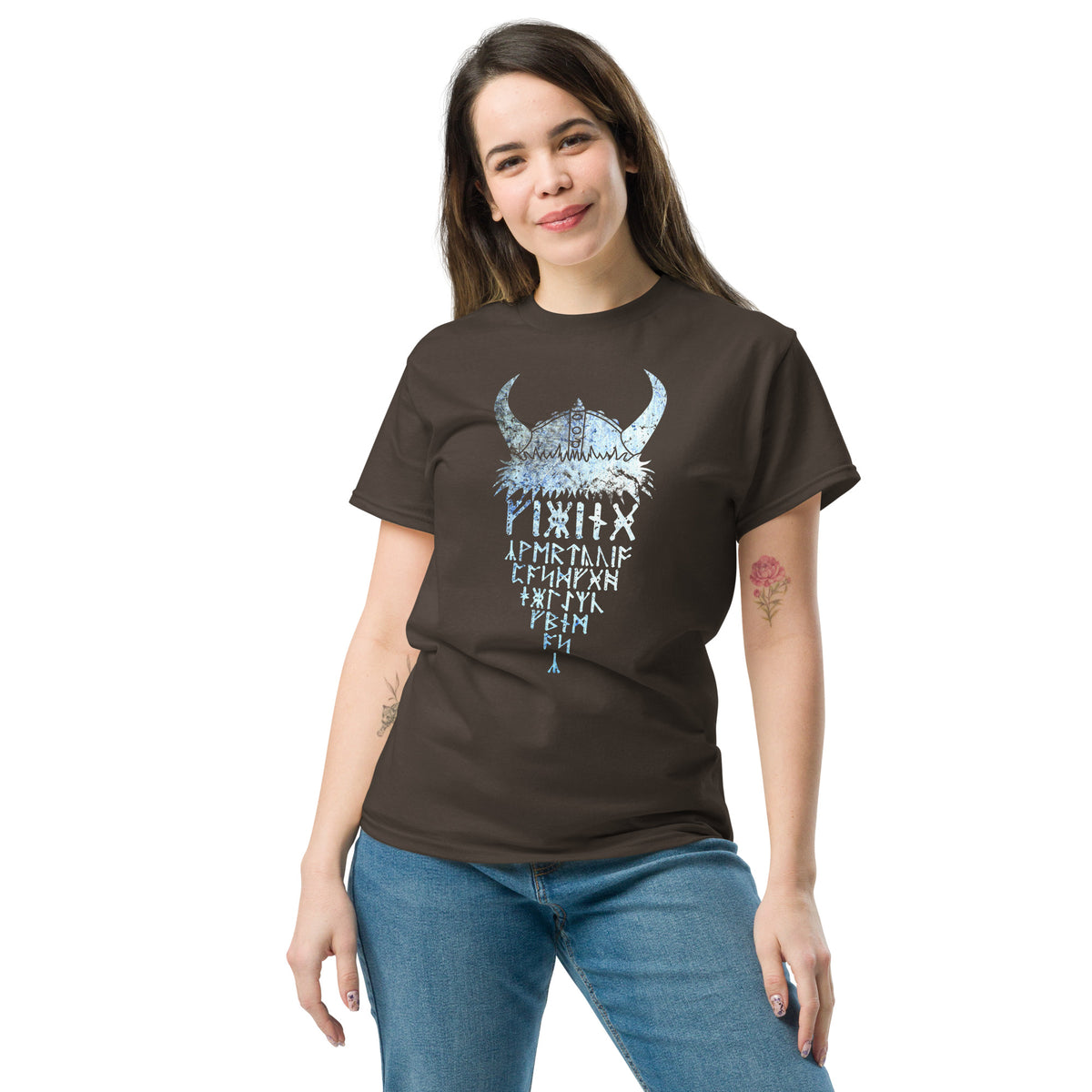 Dark brown T-shirt with horned Viking rune graphic print at center front