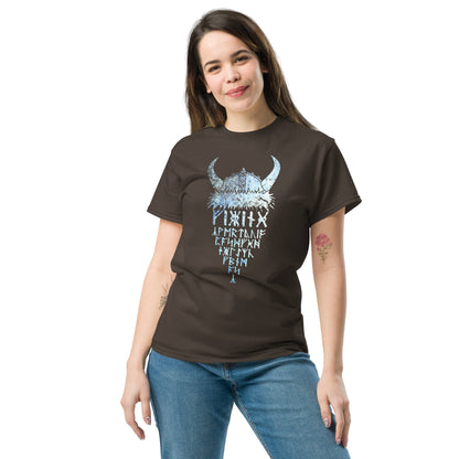 Dark brown T-shirt with horned Viking rune graphic print at center front