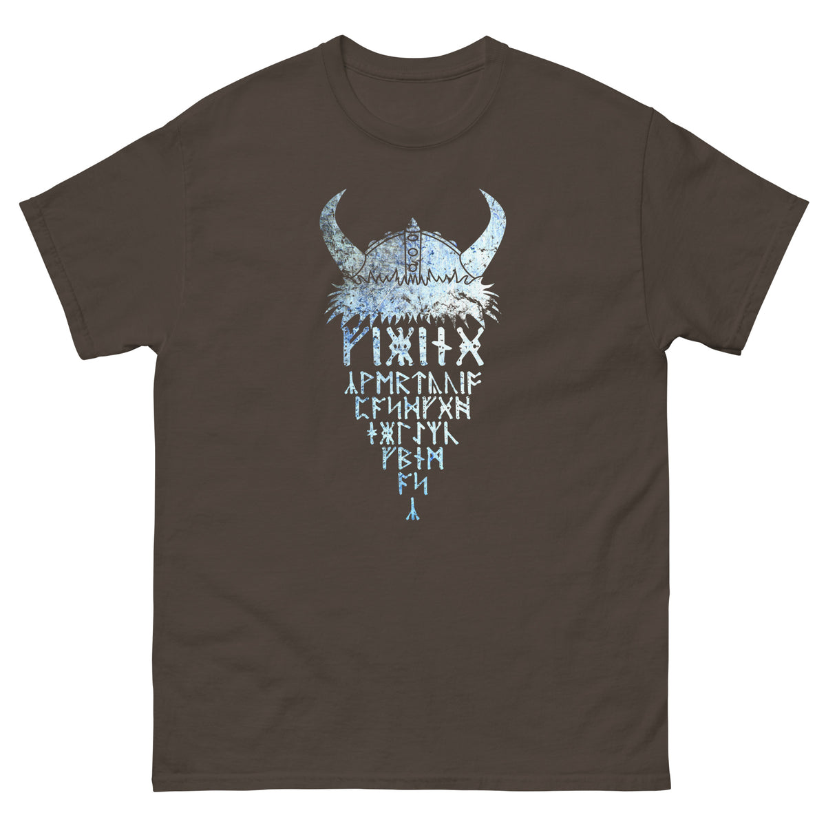 Dark chocolate T-shirt with horned Viking rune graphic print at center front