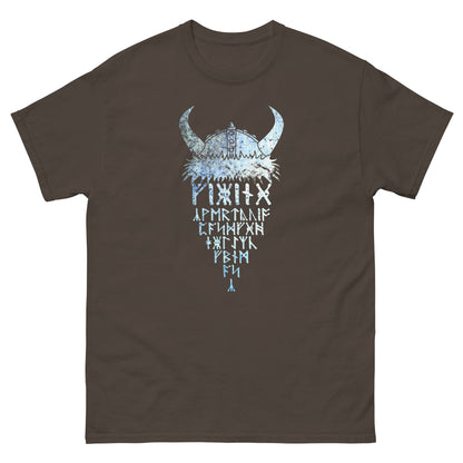 Dark chocolate T-shirt with horned Viking rune graphic print at center front