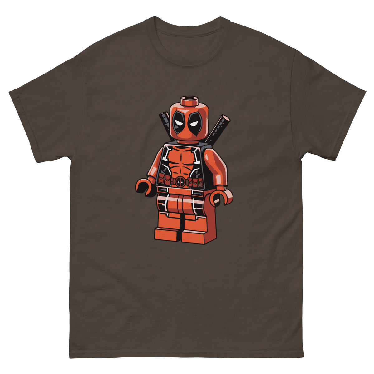 Charcoal T-shirt with LEGO-style Deadpool minifigure graphic on front.