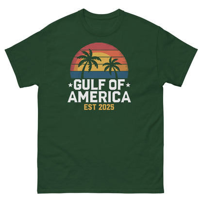 Forest green crew-neck T-shirt with sunset palm tree graphic and “GULF OF AMERICA EST 2025” print