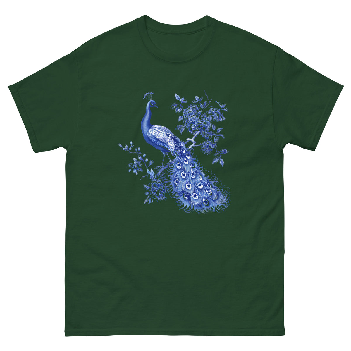 Forest green T-shirt with blue peacock and floral graphic on chest