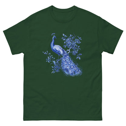 Forest green T-shirt with blue peacock and floral graphic on chest