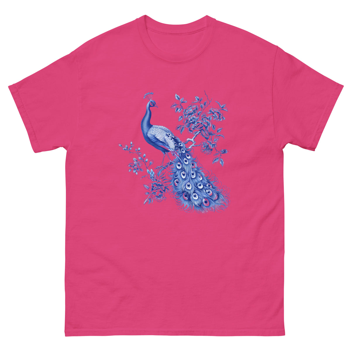Pink T-shirt with blue peacock and floral graphic on chest