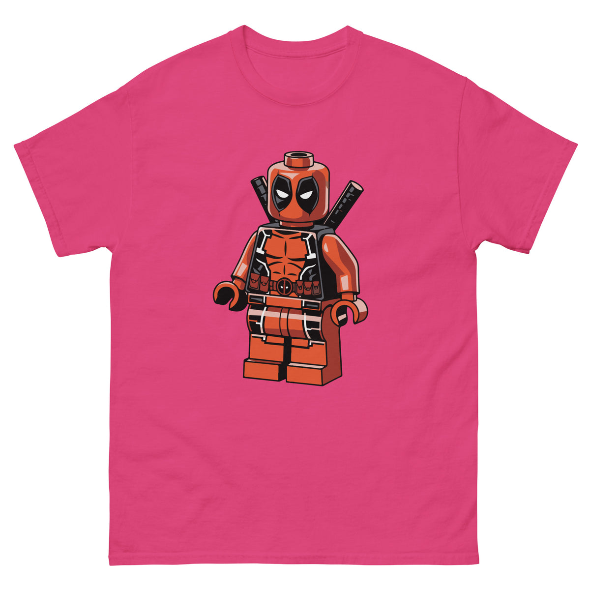 Hot pink T-shirt with LEGO-style Deadpool minifigure graphic on front.