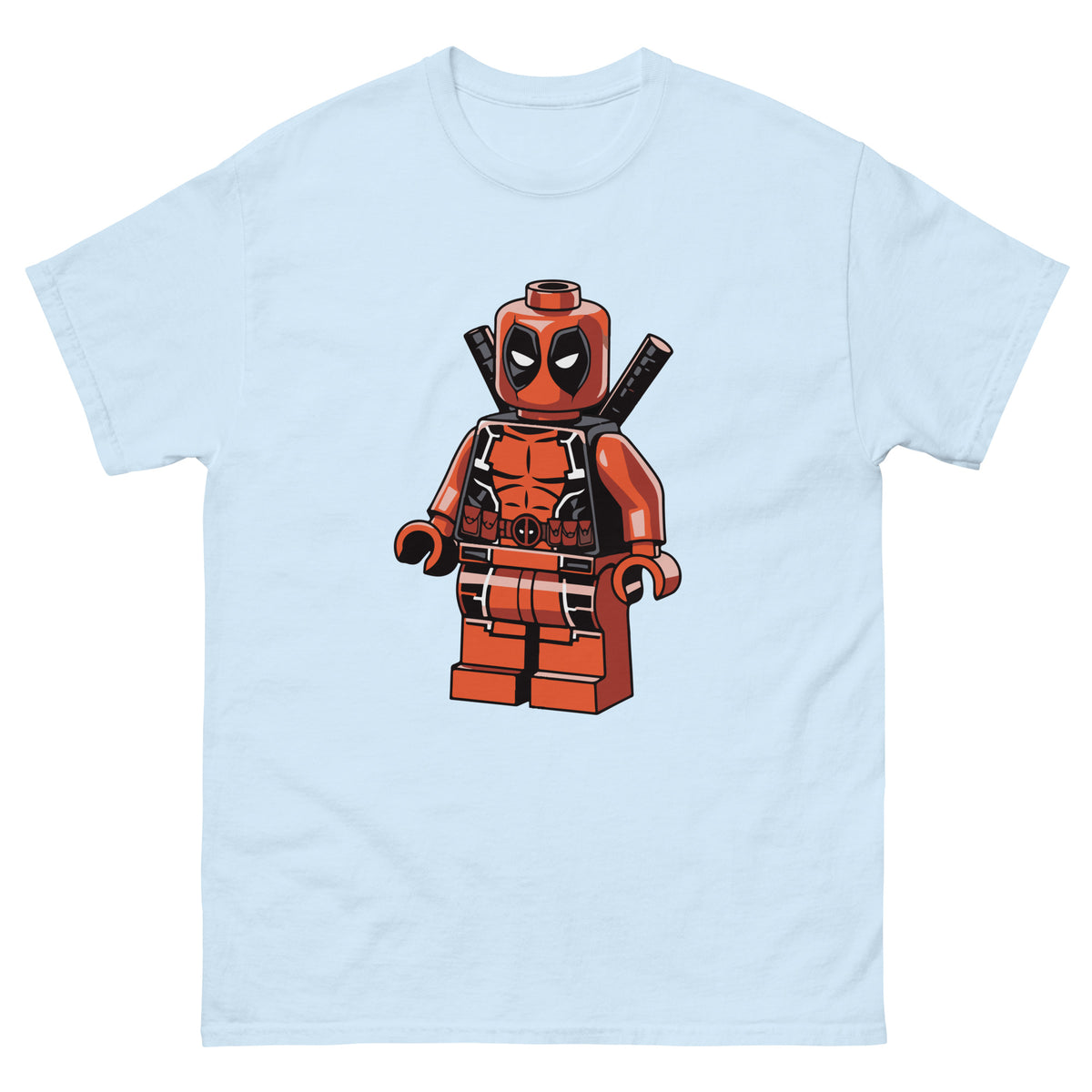 Light blue T-shirt with centered LEGO-style Deadpool character graphic