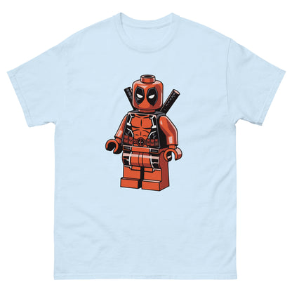 Light blue T-shirt with centered LEGO-style Deadpool character graphic