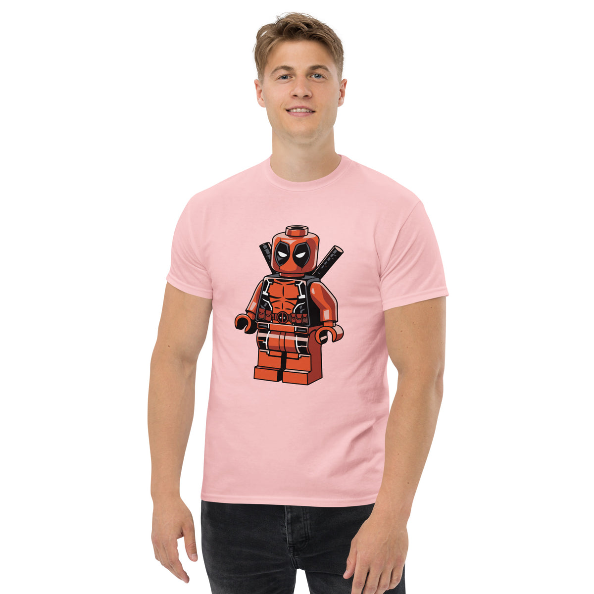 Light pink T-shirt with LEGO-style Deadpool minifigure graphic on front.