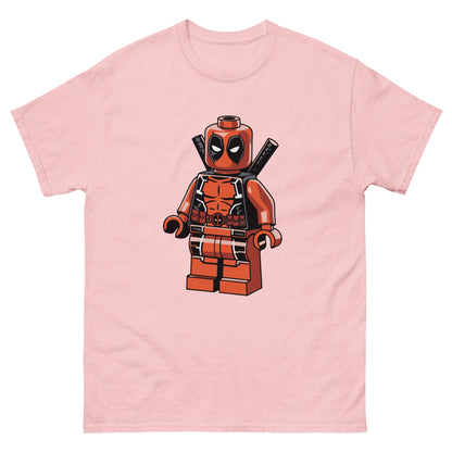 Light pink T-shirt with centered LEGO-style Deadpool character graphic
