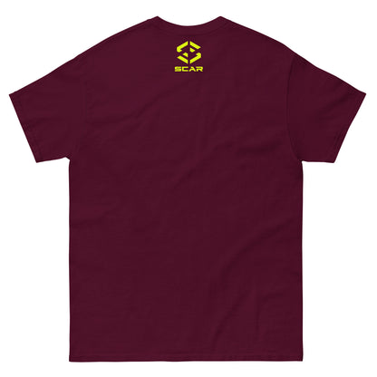 Maroon t-shirt back with small yellow SCAR logo near the collar
