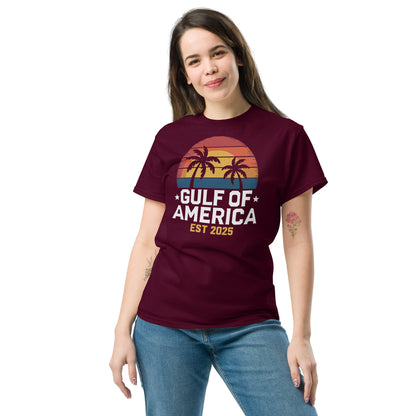 Maroon crew-neck T-shirt with sunset palm tree graphic and “GULF OF AMERICA EST 2025” print