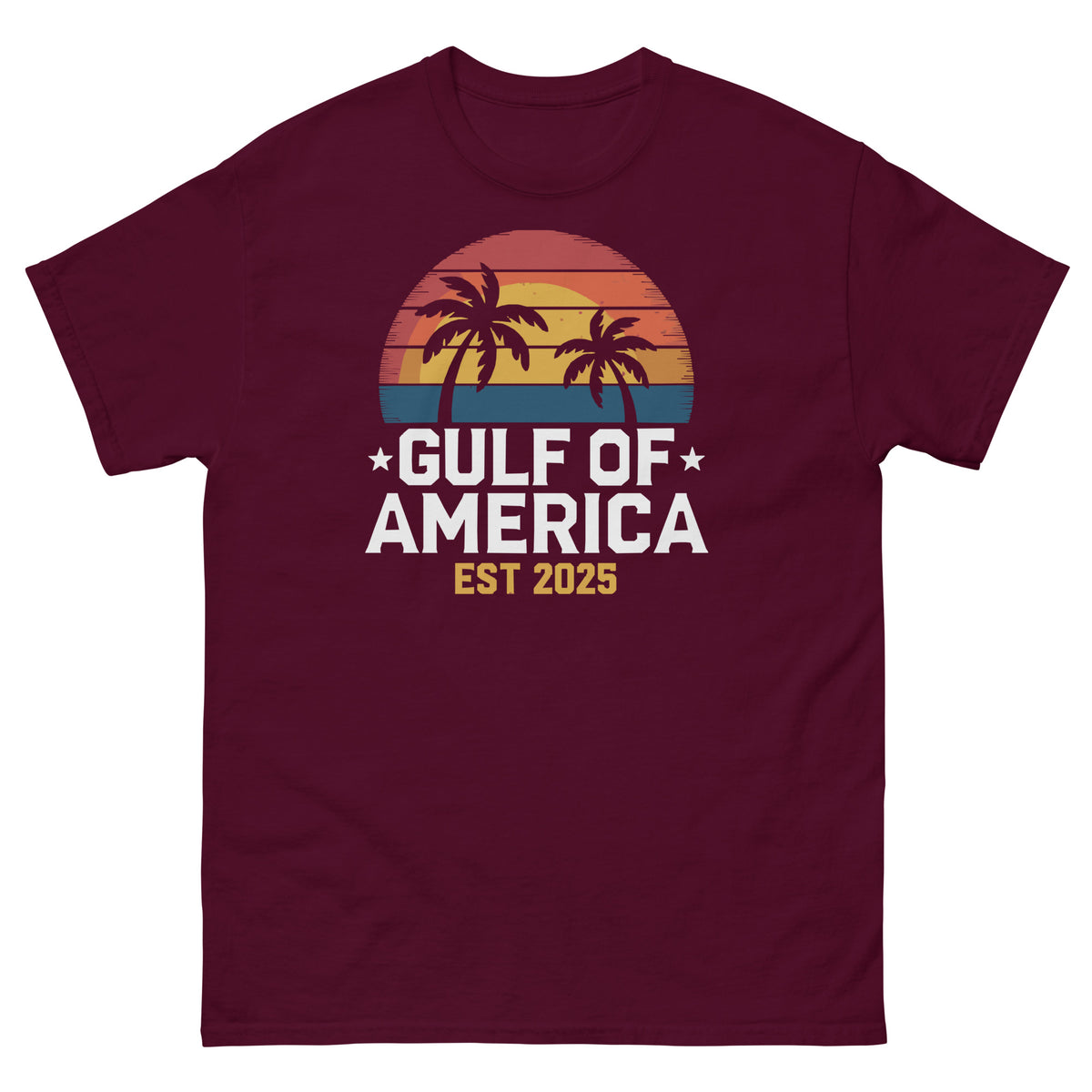 Maroon crew-neck T-shirt with sunset palm tree graphic and “GULF OF AMERICA EST 2025” print