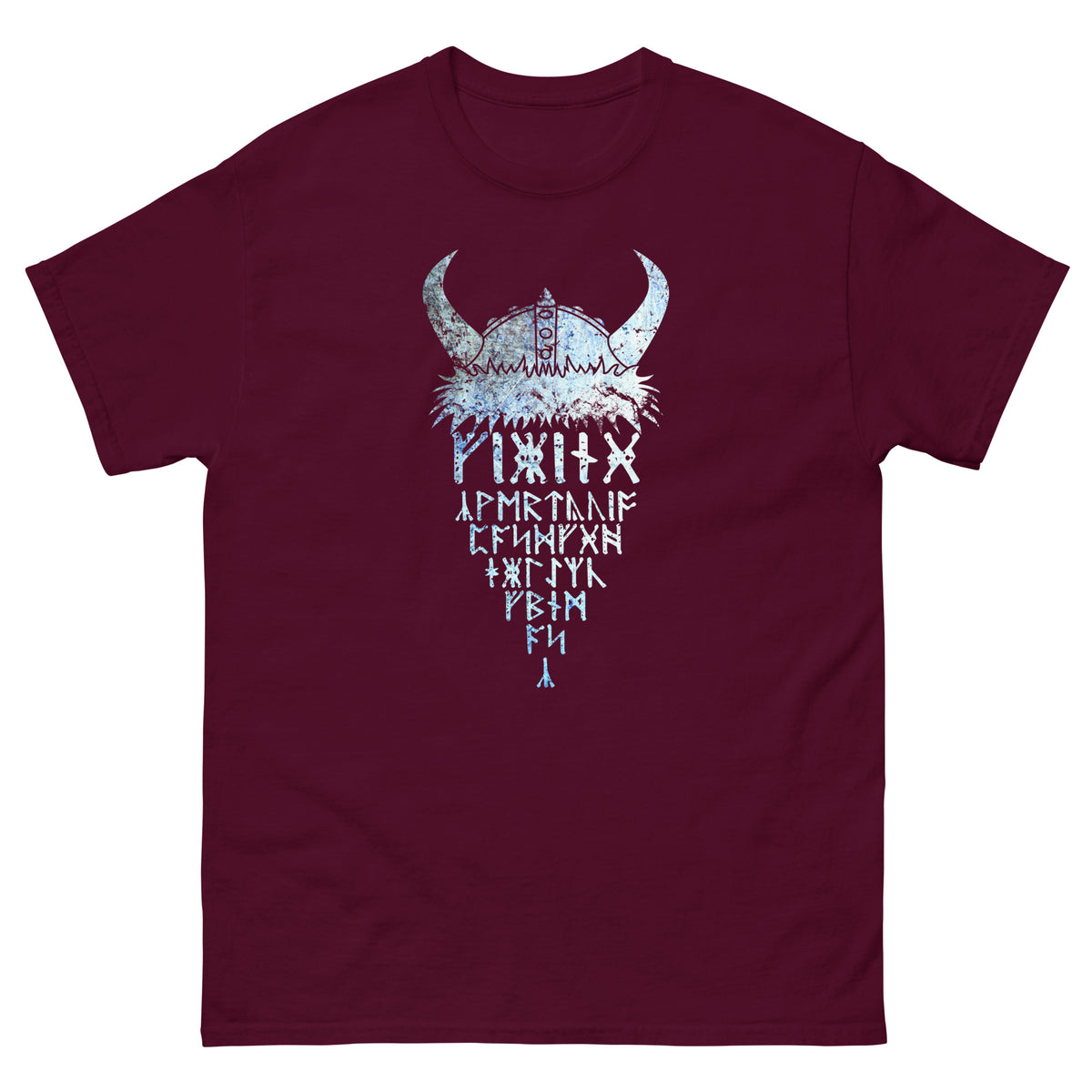 Maroon T-shirt with horned Viking rune graphic print at center front