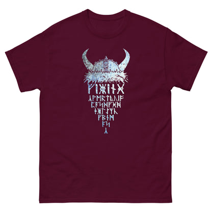 Maroon T-shirt with horned Viking rune graphic print at center front