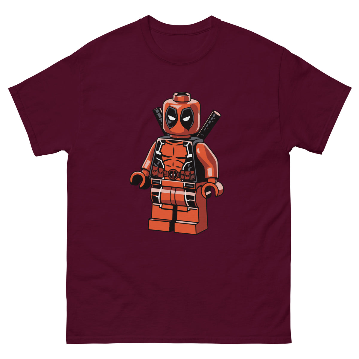 Maroon T-shirt with LEGO-style Deadpool minifigure graphic on front.