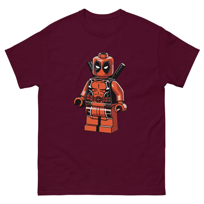 Maroon T-shirt with LEGO-style Deadpool minifigure graphic on front.