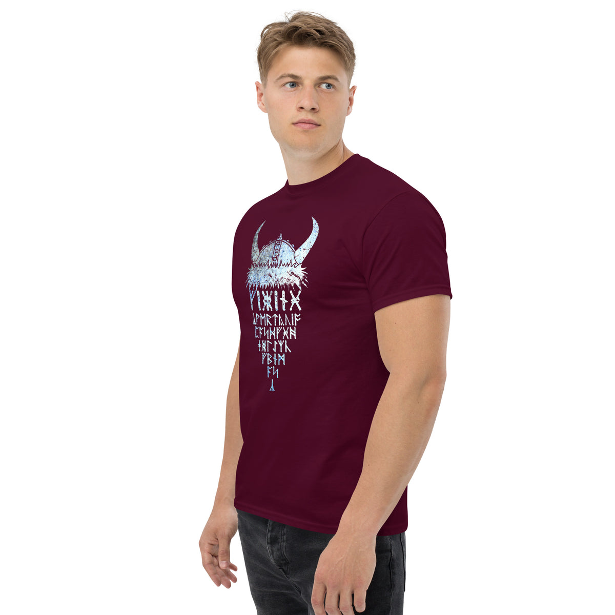 Maroon T-shirt with horned Viking rune graphic print at center front
