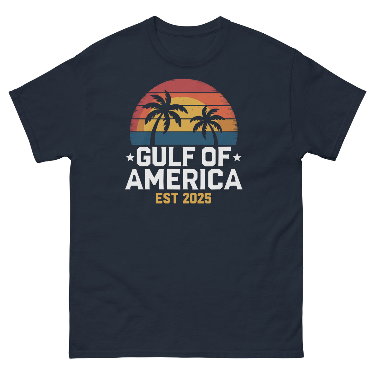 Navy crew-neck T-shirt with sunset palm tree graphic and “GULF OF AMERICA EST 2025” print